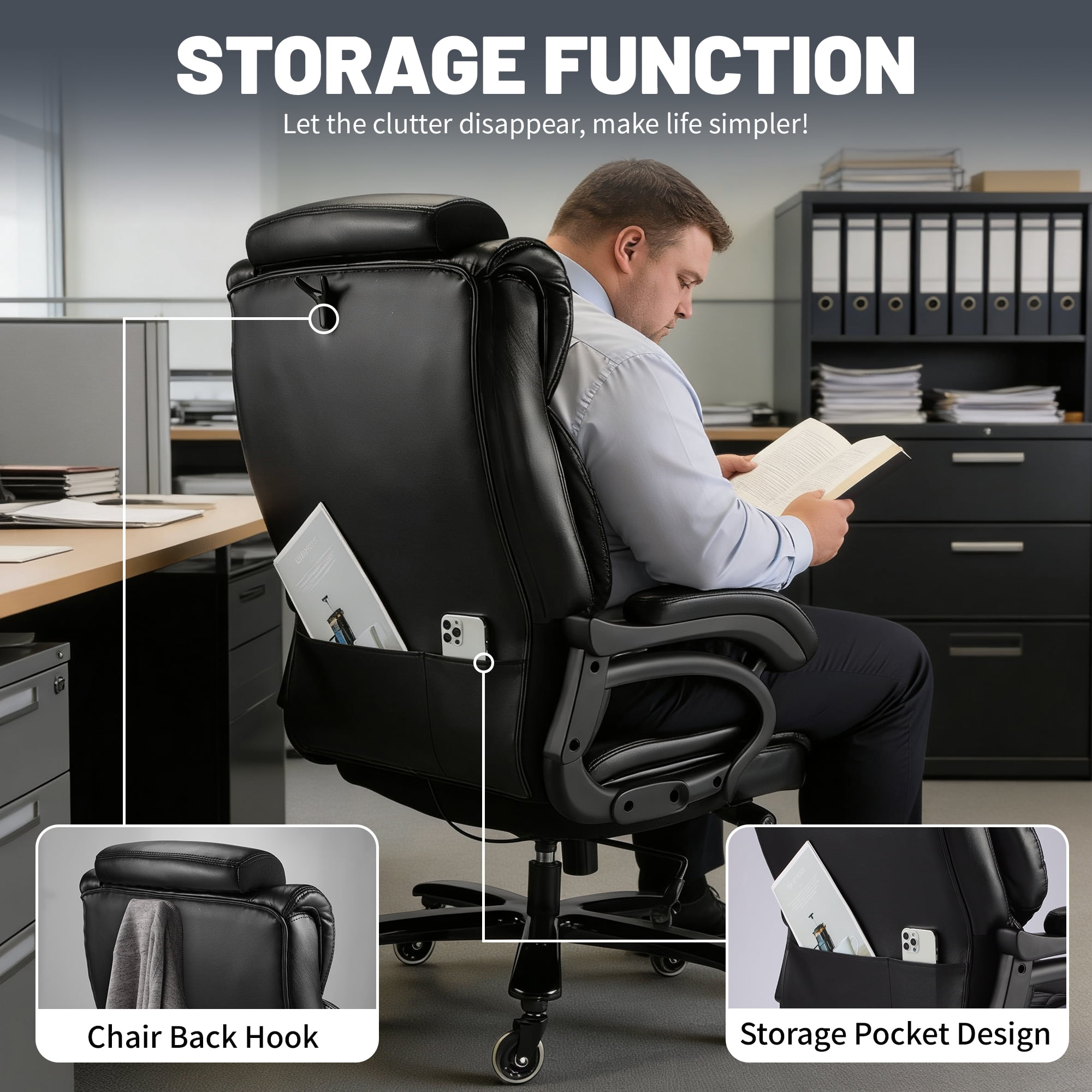 Heavy Duty Big and Tall Office Chair, Executive Chair with Adjustable Headrest, High Back Extra Wide Seat, Large Computer Desk Chair for Home Office