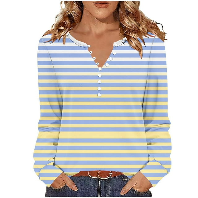 Women's Pullover Top Winter Stripe Print V Neck with Open Button,Womens Winter Tops