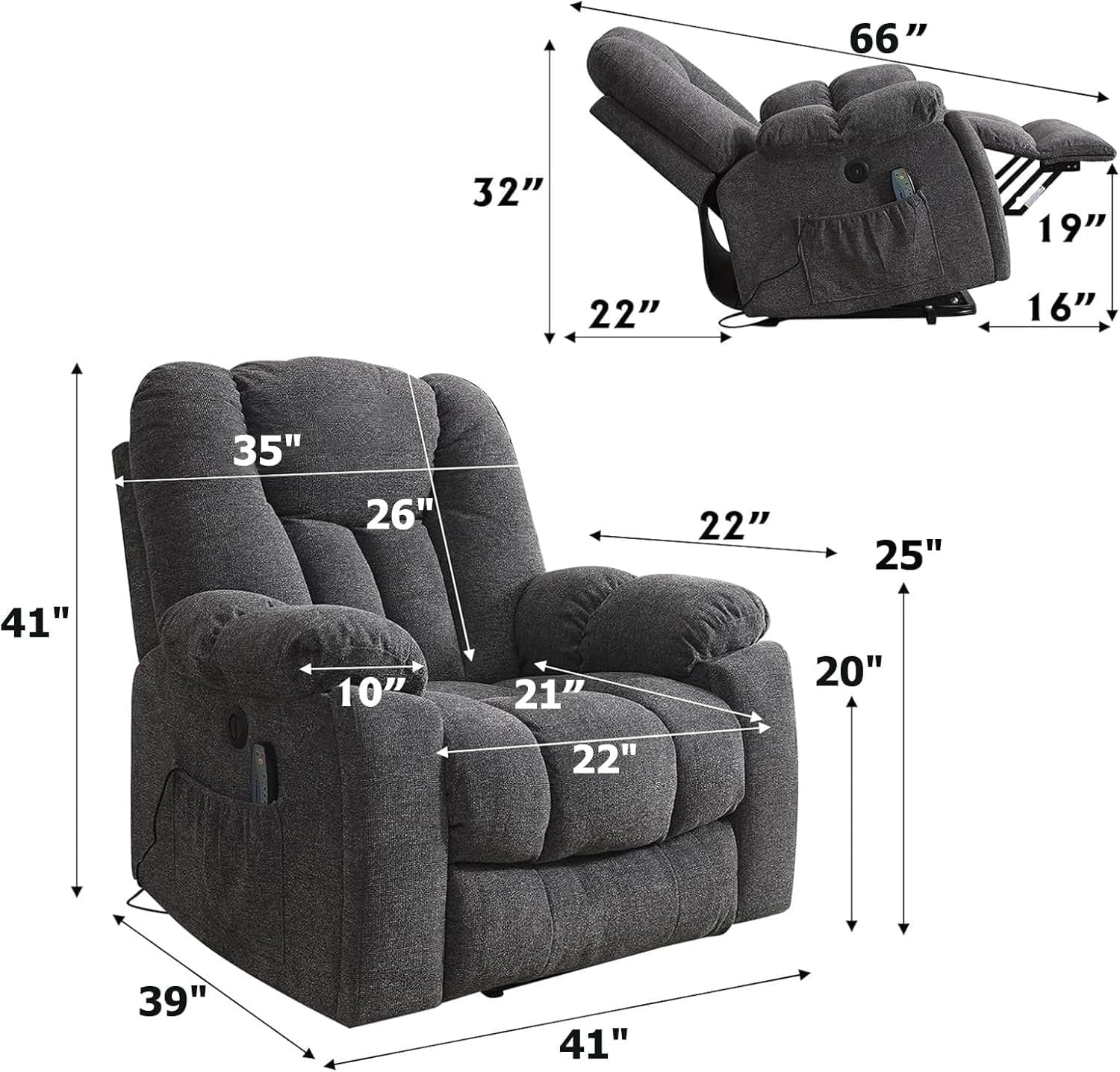 Ebello Large Power Lift Recliner Chair with Heat Massage, USB Ports - Ergonomic Recliner Chair for Elderly, Dark Gray