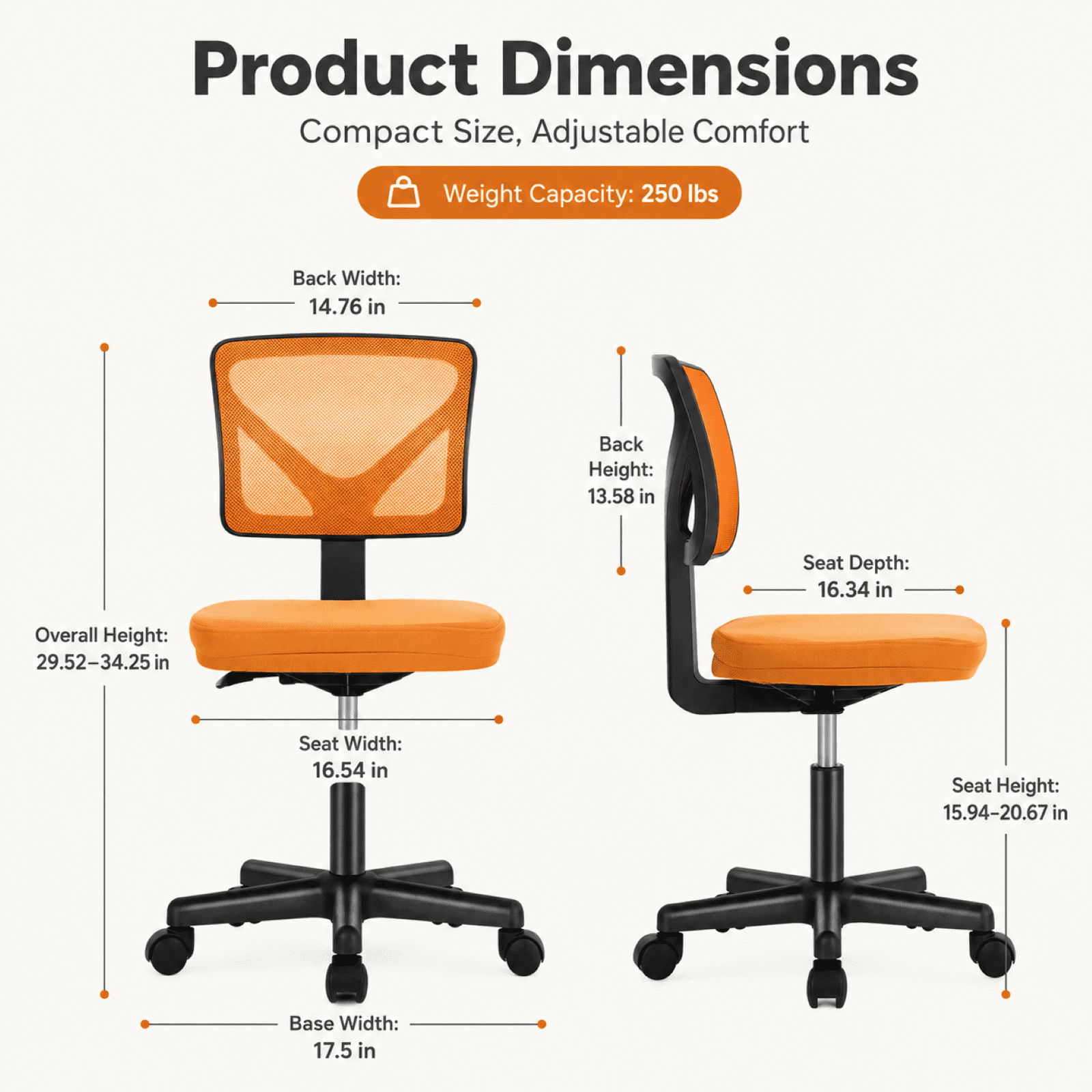 Kelno Small Desk Chair with Wheels Adjustable Computer Desk Chair with Lumbar Support Mesh Ergonomic Low-Back Office Chair, Orange