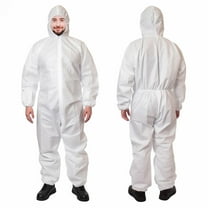 Disposable SF Coveralls. Pack of 30 White Large Full Body Protective Suits of Laminated Polypropylene 60 gsm. Unisex PPE Workwear with Microporous Film, Hood, Zipper, Elastic Wrists in Bulk.