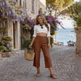 thumbnail image 4 of Linen Capris for Women with Pockets Pull on Petite Long Shorts Dressy Casual Cropped Pant Casual Summer Clothes Coffee S, 4 of 9