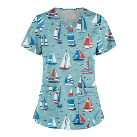 

Patriot Special! HIMIWAY Shirt for Women Patriot Print Plus Size Cute Printed Scrub Working Uniform Tops For Women Cross V-Neck Short Sleeve Fun T-Shirts Workwear Tee With Pockets Blue XL