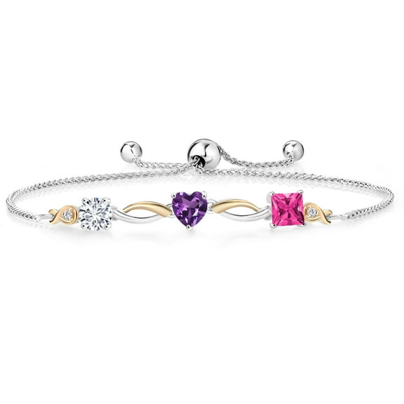 Gem Stone King 925 Silver and 10K Yellow Gold Purple Amethyst Pink Mystic Topaz and Lab Grown Diamond Tennis Bracelet for Women By Keren Hanan (2.10 cttw, Adjustable up To 9 inch)