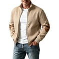 thumbnail image 4 of SGFCWSX Men's Bomber Jacket Knit Stand Collar Contrast Elbow Patch Full Zip Casual Coat with Pockets Khaki Size XL, 4 of 8