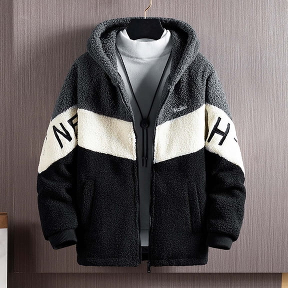 Lilgiuy Men Winter Fitness Jackets Casual Sports Hooded Zipper Letter Print Pocket Tops Patchwork Jacket Coat