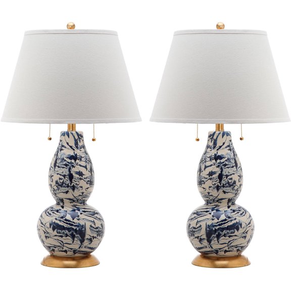 SAFAVIEH Color Swirls 28 in. Traditional Table Lamp with White Cotton Shade, Navy/White Set of 2