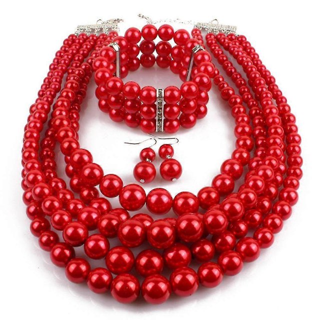 Gargantilla grande con cuentas de perlas sintéticas Yashi Color rojo Modelo 8118