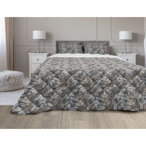 Vintage Comforter & Sham Bedding Set, Flourishing Plants with Rustic Branches Leaves Nostalgic Rural Field Art, 3 pcs Duvet Set Microfiber Filling Quilt, 5 Sizes, Brown Grey Coconut, by Ambesonne