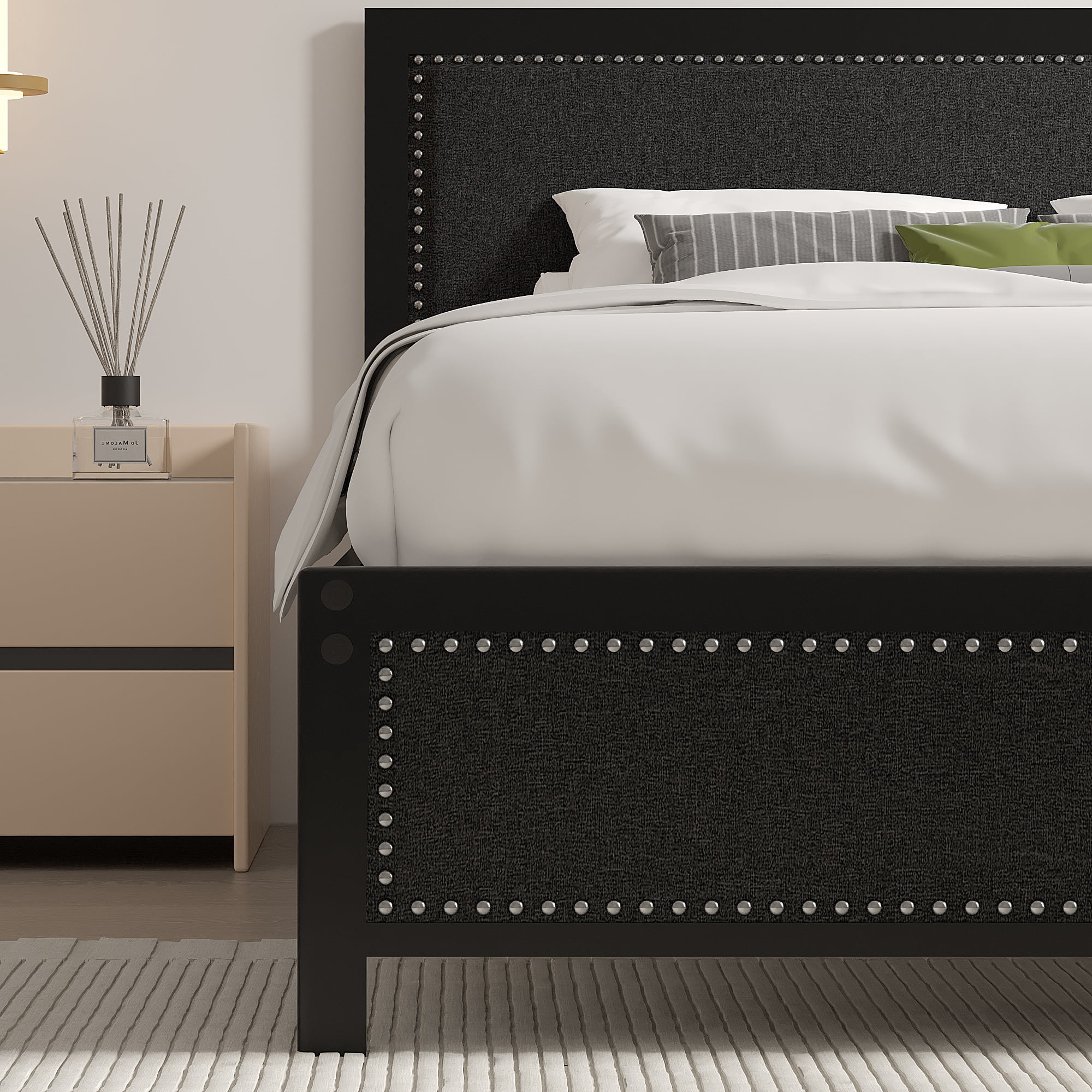 VECELO Queen Size Bed Frame Metal Platform Bed with Upholstered Headboard, No Box Spring Needed, Black
