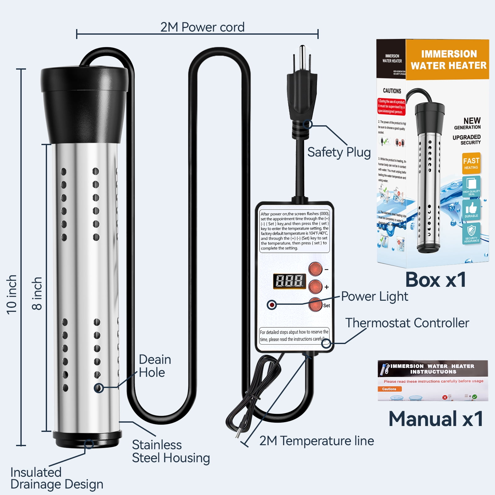 2000W Immersion Water Heater with Thermostat  Floating Bucket Heater with Timing Temperature Control Setting Auto Shut-Off 304 Stainless-Steel Guard Water Heater Rapid Heating in Minutes