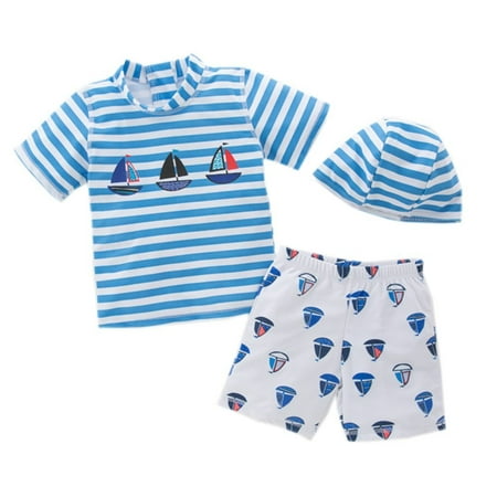 

stylesilove Little Boys Stripe Boats Rash Guard and Shorts with Swim Hat 3pcs Swimsuit Beach Swimwear (3T)