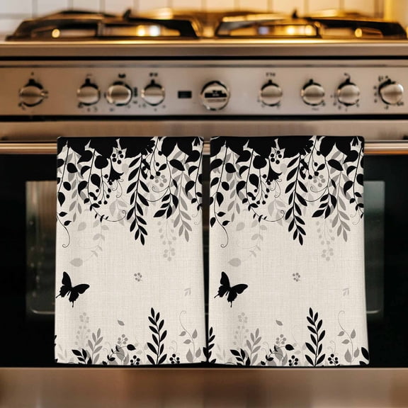 Spring Botanical Kitchen Towels Set of 1, Black Eucalyptus Butterfly Rustic Absorbent Dish Towels for Kitchen, Microfiber Hand Towel, Quick Drying Tea Towel for Cleaning Decorative Dishcloths