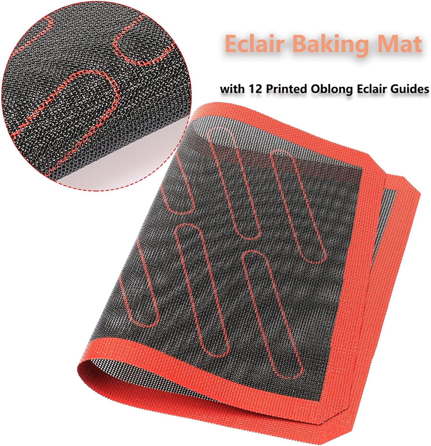 Perforated Silicone Baking Mats 2 PCS Eclair Mat for Half Sheet with 12 Printed Oblong Guides Non-Stick Reusable Oven Liners Making Bread/Pizza/Pastry/Cookie 11-4/5" x 15-3/4"