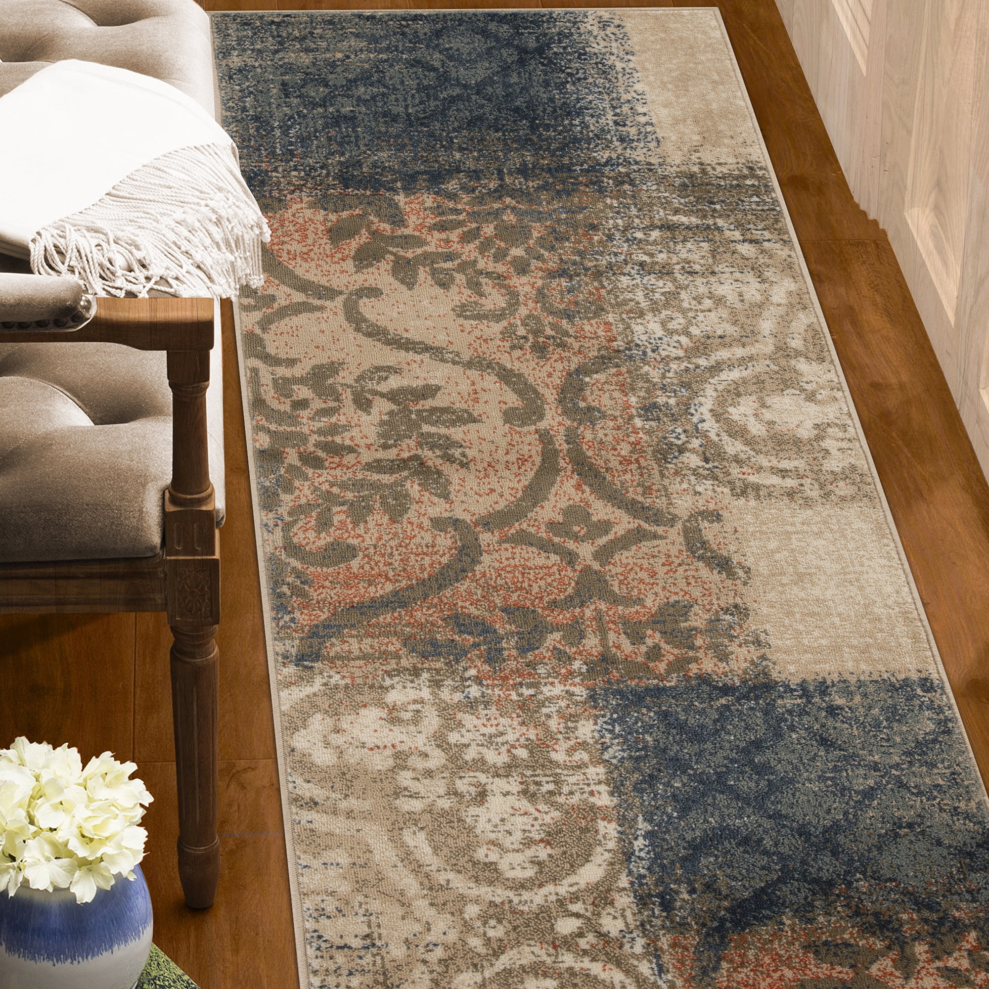 Superior Bristol 2' 7" x 8' Indoor Runner Rug, Rugs for Living Room Bedroom, Midnight Navy-Salmon