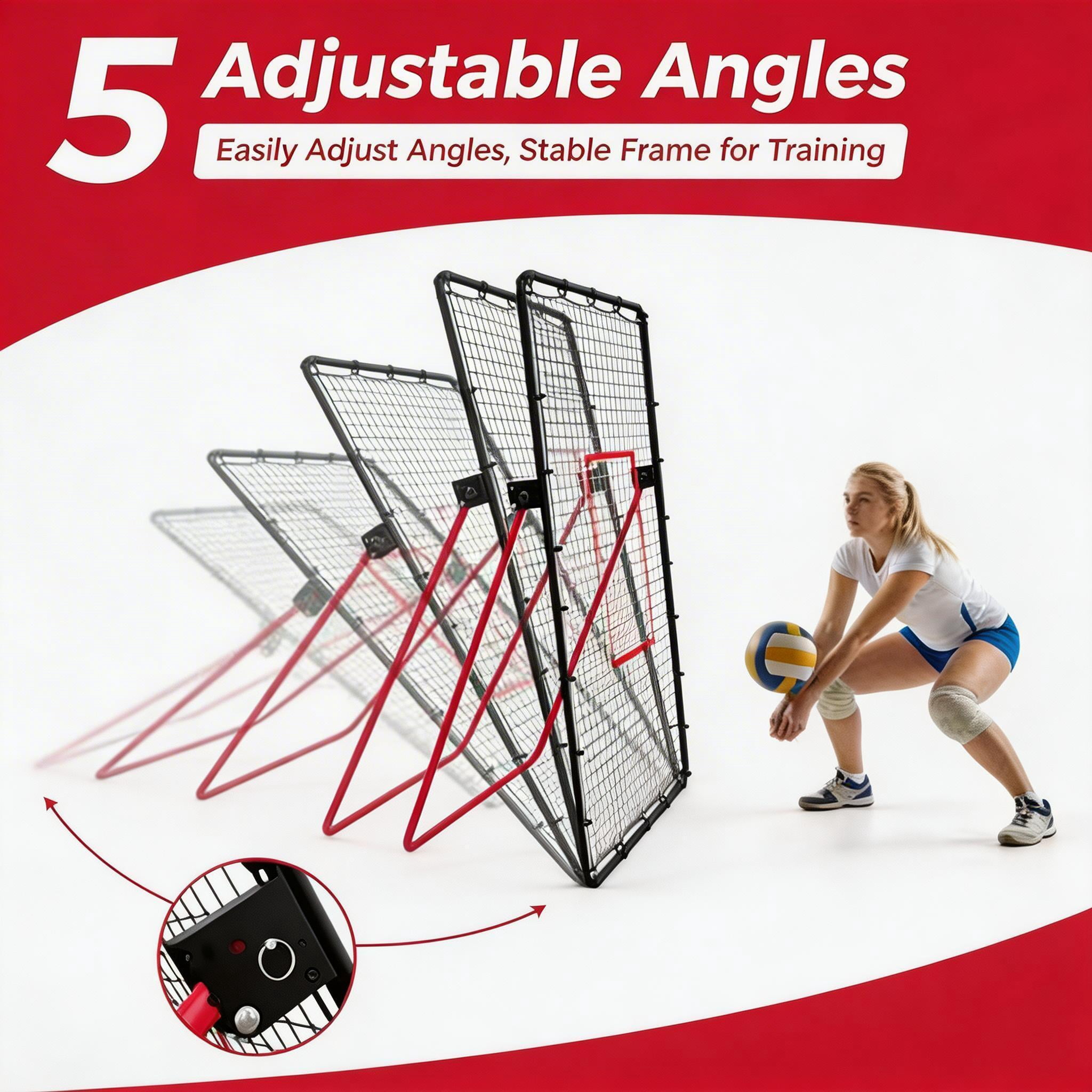 7x4 FT Volleyball Bounce Back Net, 5 Adjustable Angles, Foldable Heavy Duty Training Net with Ground Stakes, Red