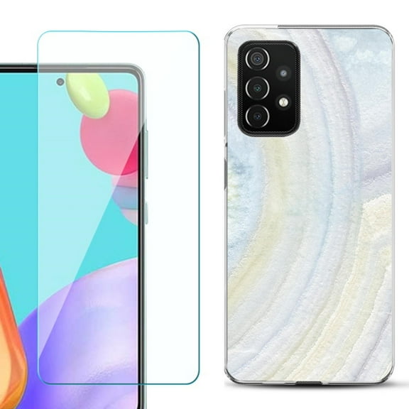 Slim-Fit Flexible Gel TPU Phone Case compatible with Samsung Galaxy A52 5G, with Tempered Glass Screen Protector, by OneToughShield ® - Marble / Rainbow