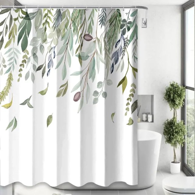 Cortina de ducha DEKAXID con diseño de hojas y flores de acuarela, color verde, para baño, decoración artística para el hogar, tela con gancho