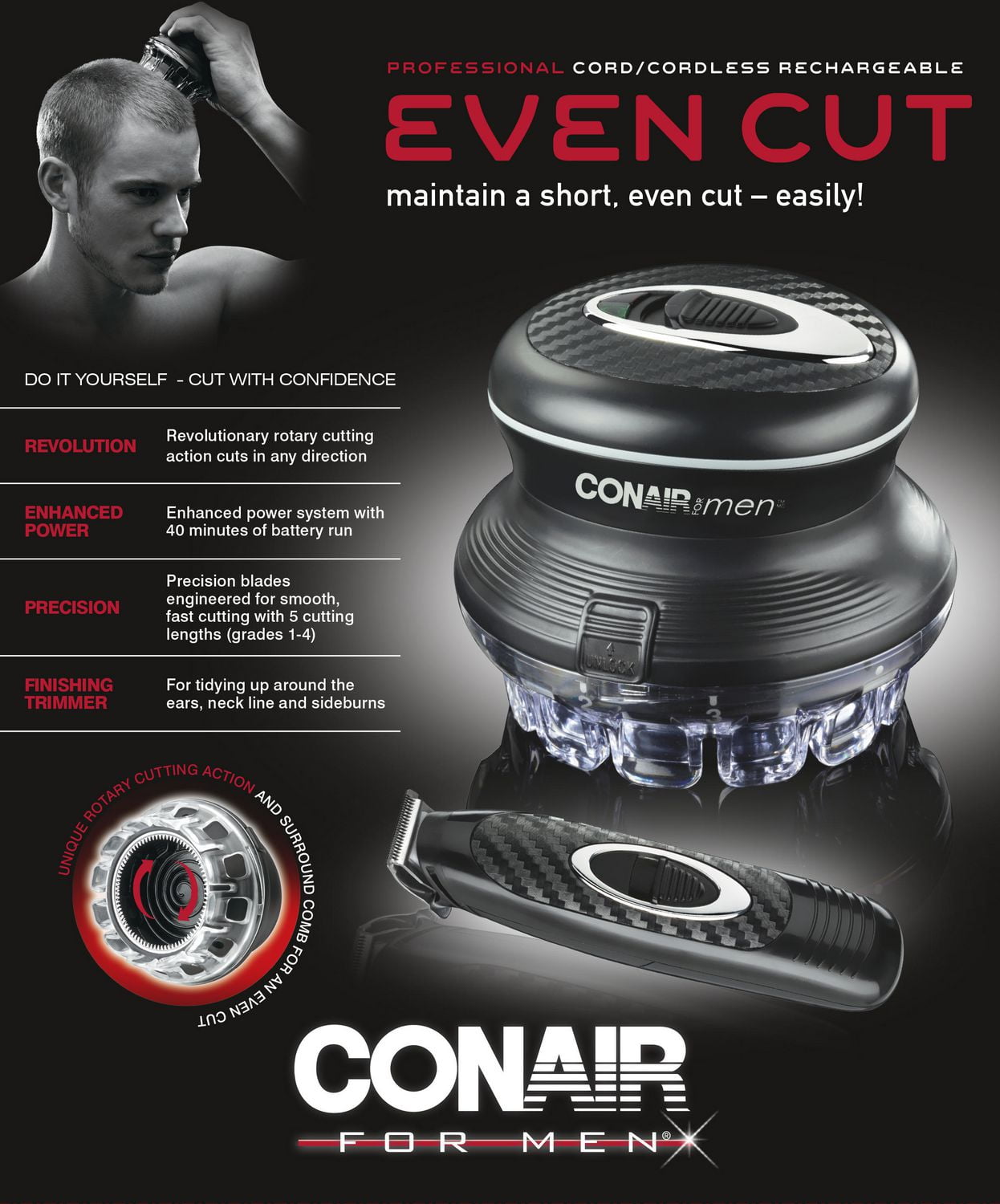 Conair for Men Even Cut V2 Rotary Clipper Haircut Grooming Kit with Trimmer