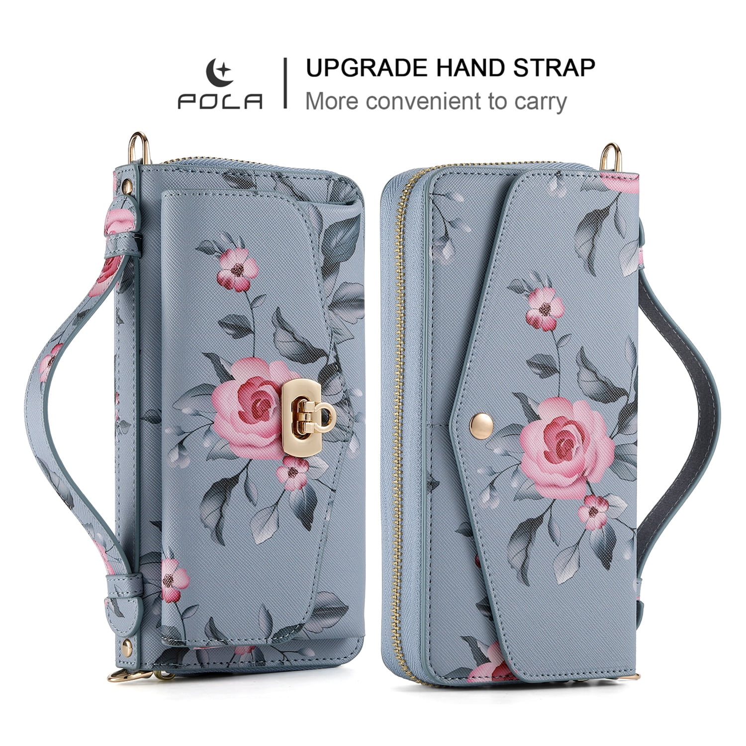SaniMore Magnetic Detachable Wallet Case for iPhone 13 Pro Max, Flower Pattern RFID Blocking Cover Support Wireless Charging Card Slot Shoulder & Wrist Strap 360° Full Protective Shell, Grey