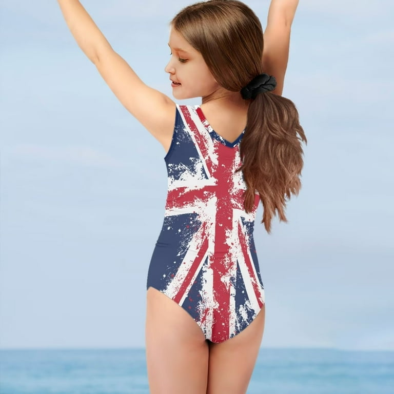 FOR U DESIGNS Skin Friendly Sleeveless Bathing Suit for Kids Girls 9 10 Years Old England Flag One Piece Bathing Suit Comfortable Polyester Activewear