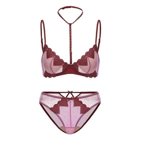 Fancifize Women s Soft Lace Bra Set See Through Underwear Floral Lace Underwire Sheer Bra and Panty Set Babydoll