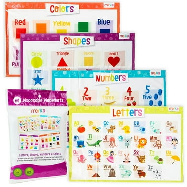 merka Disposable Placemats for Baby and Toddlers 12" x 18", 60 Pack Stick-on Table Mats for Restaurants, Includes Shapes, Numbers, Letter & Colors