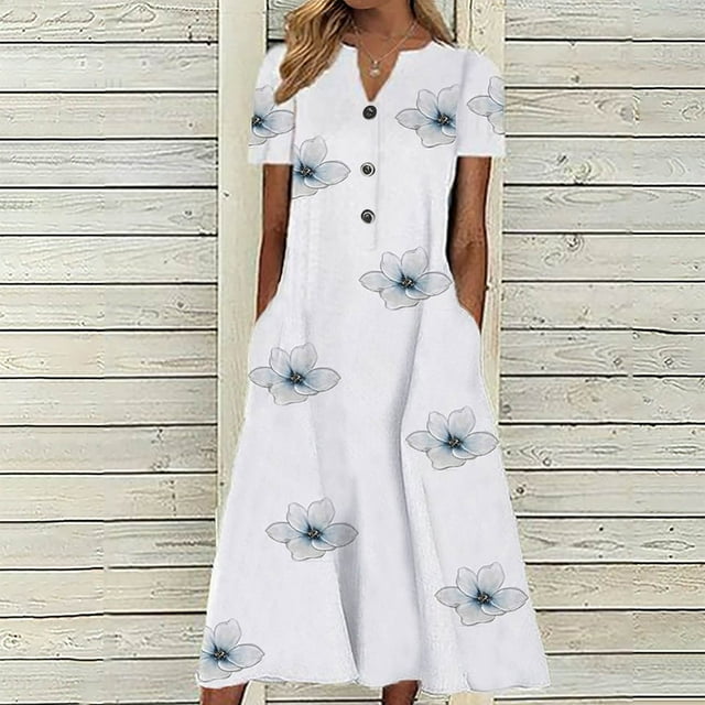 Baikeli Robes pour Femmes en Solde Robes pour Femmes 2024 Robes d'Été Imprimées Florales Décontractées à Manches Courtes Tenues à Col en V avec Boutons et Poches Robe pour Femmes