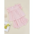 thumbnail image 3 of Seyurigaoka 2Pcs Infant Baby Girls Summer Outfits, Solid Color Round Neck Short Sleeve Lace Tops + Elastic Waist Shorts Set, 3 of 8