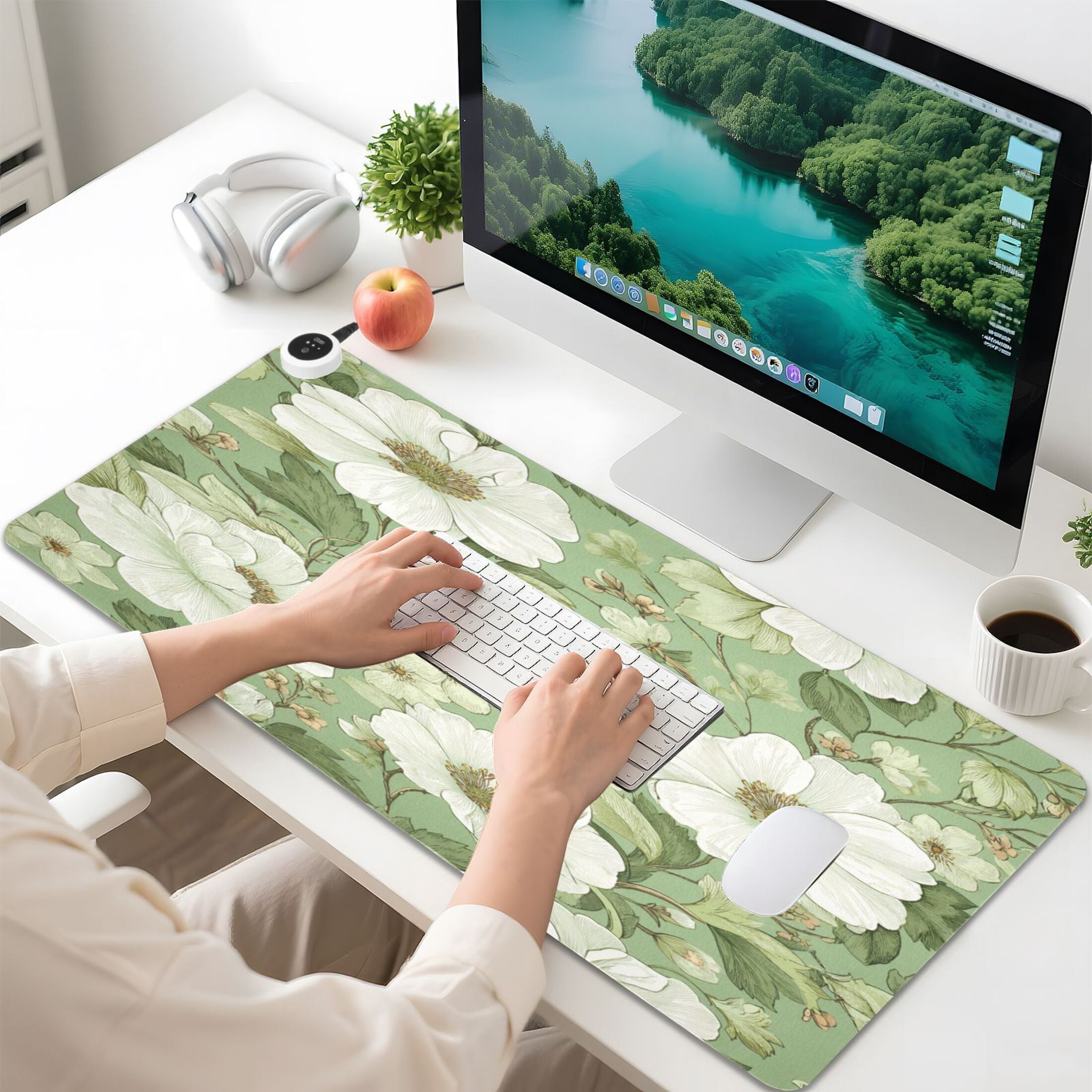 Large Heated Desk Mat Mouse Pad 31.5"x13"PU Leather Graphene Heating Desk Warmer with 3 Temperature Settings 110V US Plug Non-Slip Warm Pad for Home, Office, and Gaming Soft Green Floral Seamless