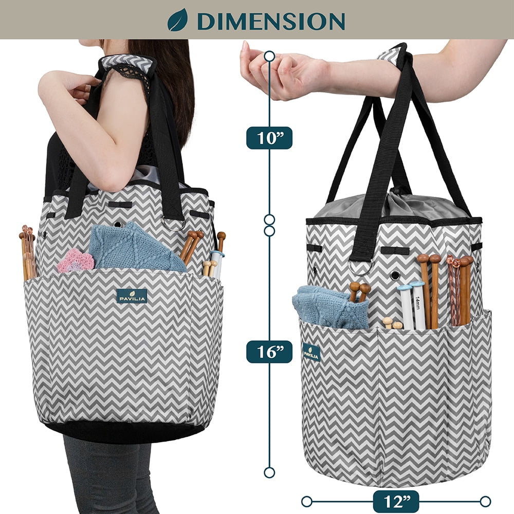 PAVILIA Knitting Bag Crochet Organizer Bag, Yarn Storage Tote, Knitting Accessories Supplies, Yarn Holder For Knitting With Grommets, Needles Hooks Essentials, Crochet Project Case (Chevron Gray)