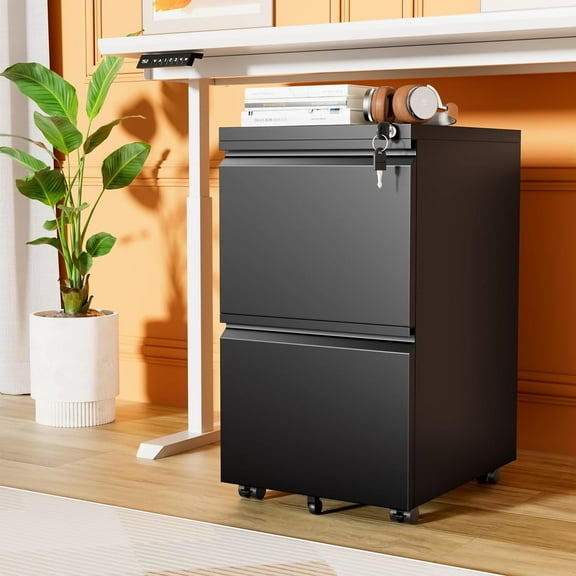 2 Drawer Metal Mobile Rolling File Cabinet with Lock for Legal Letter & A4 File, Gray/White