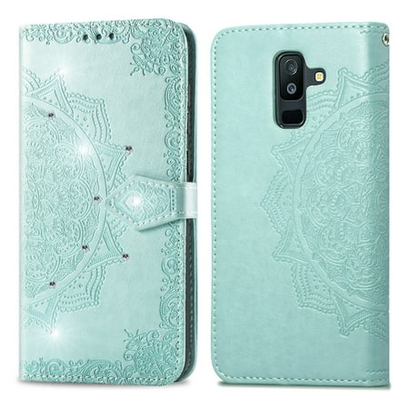 Wallet Case For Samsung Galaxy A6 Plus, Dteck Lightweigth Embossed PU Leather Folio Flip Case Cover With Hand Strap For Galaxy A6+,Green