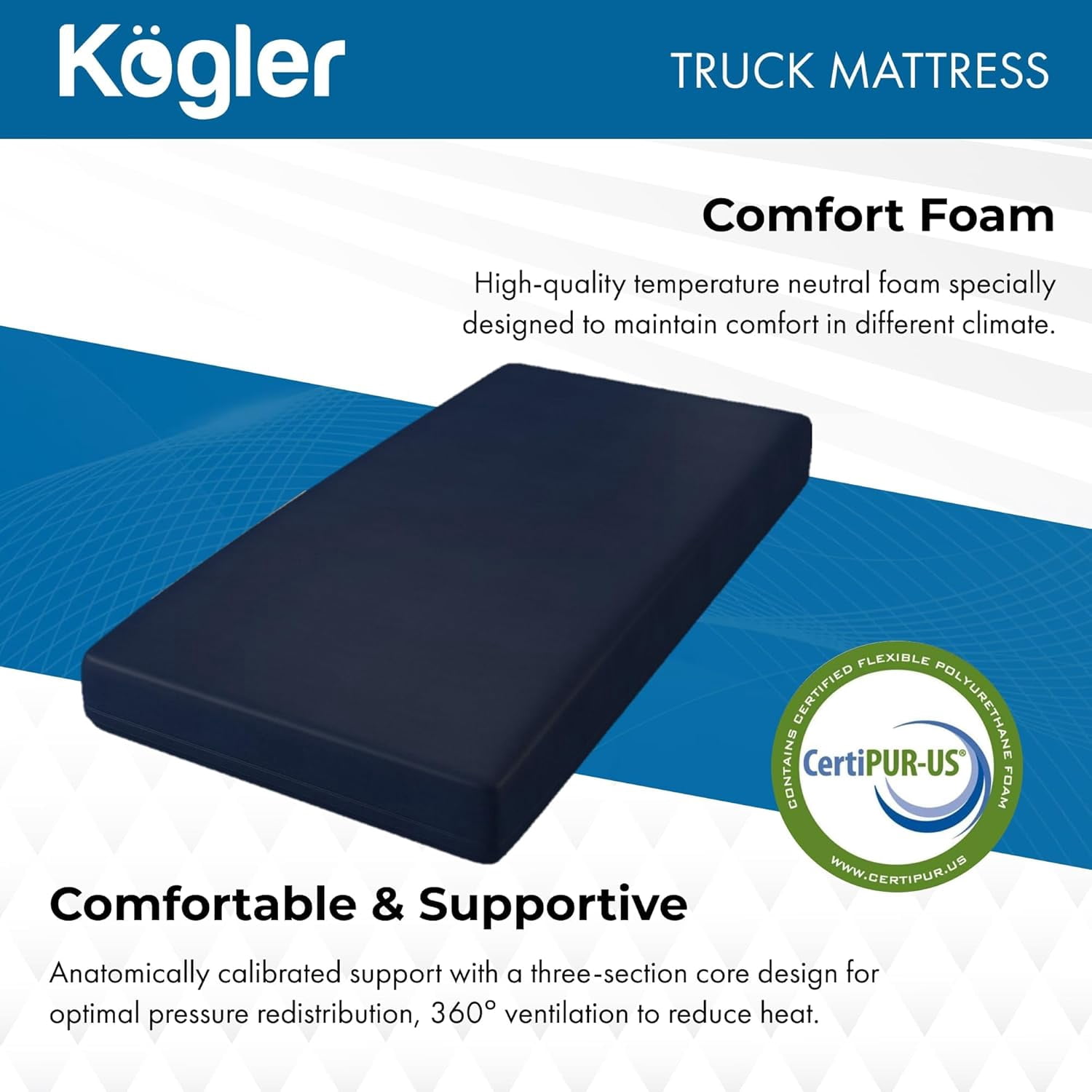 Kogler Premium 6-Inch Thick High-Density Foam Semi-Truck & RV Mattress with Gel-Infused Memory Foam - Luxury Comfort on The Road, 32X80, Navy