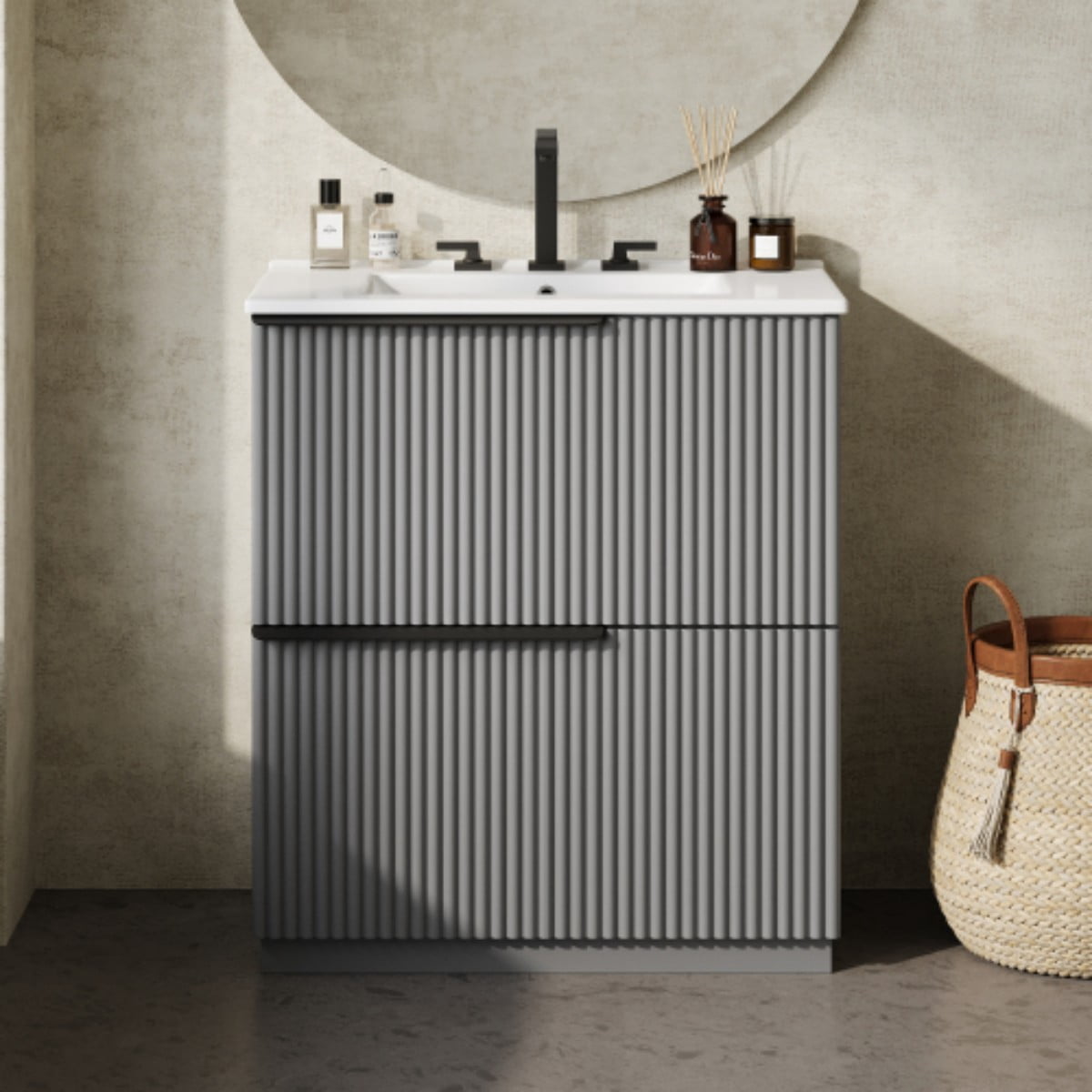 30" Bathroom Vanity with Ceramic Sink, Freestanding Bathroom Cabinet with Full Extension Drawers, Soft Close Slides, Fluted Design, Gray