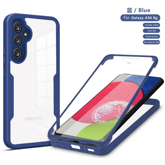 Samsung Galaxy A54 5G Case with Front Screen Protector, Dual Layer Clear Rugged Shockproof Protective Cover Case Work with Fingerprint ID Galaxy A54 5G (6.6 inch, 2023), Blue