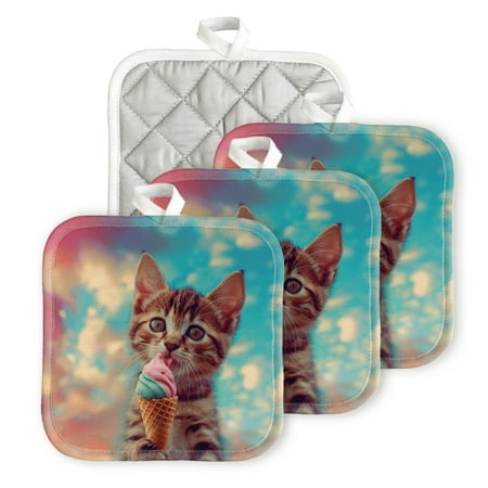 

BaHomeck Pot Holders 4pcs dacron Made Square heat-resisting mat Machine Washable for Kitchen Oven Hot Pads 6.7inch*6.7inch Kitten Holding Ice Cream Cone In Paws