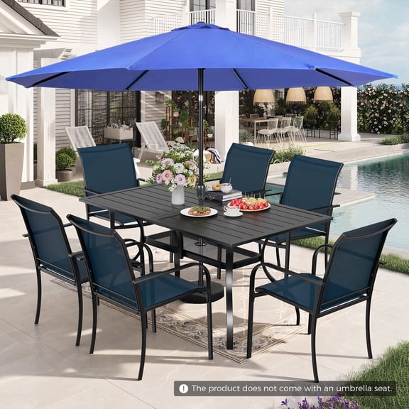 SOLAURA 8-Piece Outdoor Patio Dining Set with Dark Blue Umbrella, Textilene Dining Chairs and Metal Rectangular Table (Seats 6), Outdoor Furniture Set for Garden, Backyard, Blue