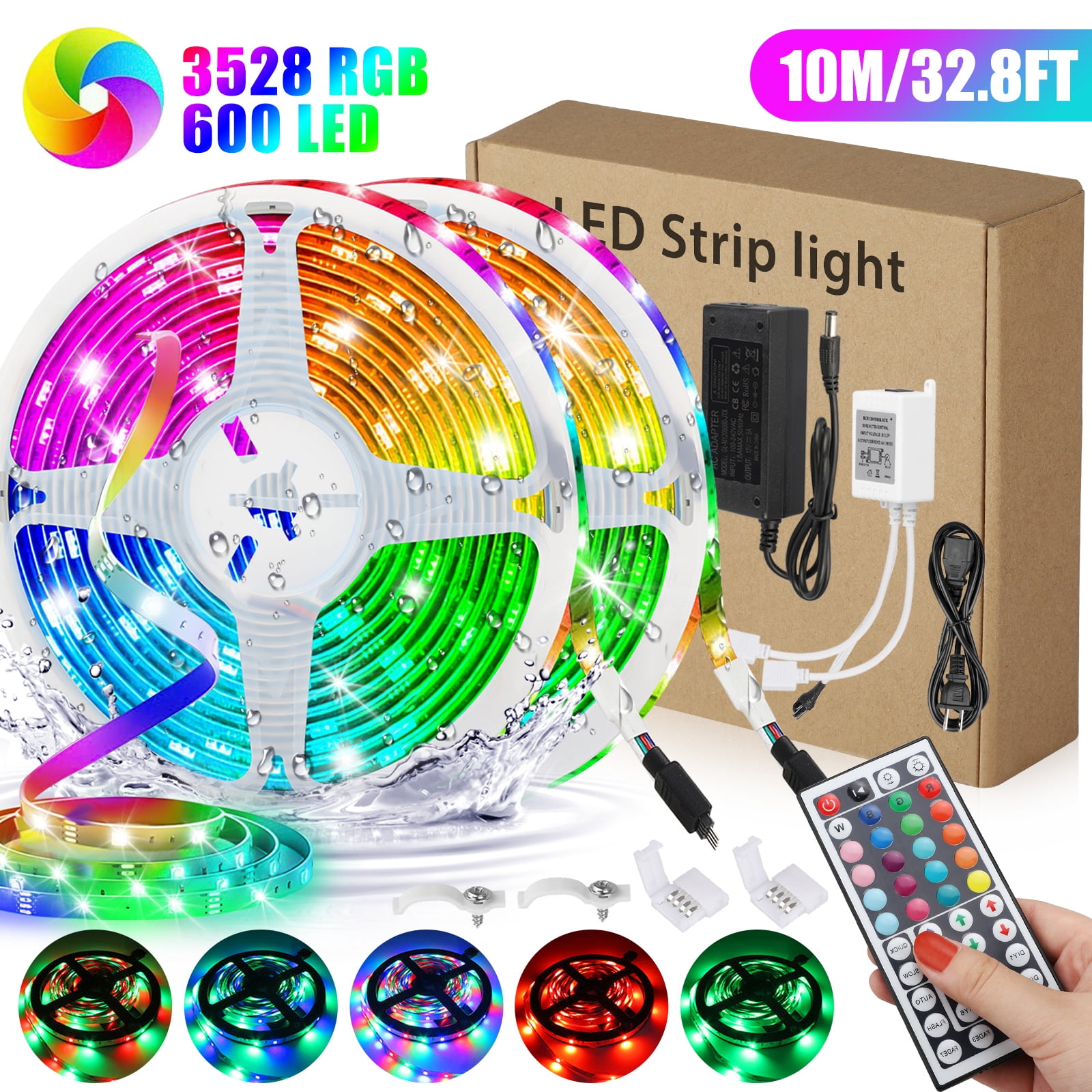 32.8FT 10M RGB LED Strip Light 3528 SMD 44 Key Remote 12V DC Power Full Kit tape 