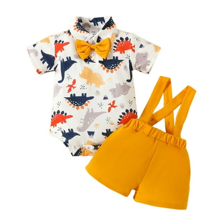 

Toddler Boys Girls Outfit Short Sleeve Cartoon Dinosaur Prints Romper Suspender Shorts 2PCS Outfits Baby Kids Cute Clothes Set