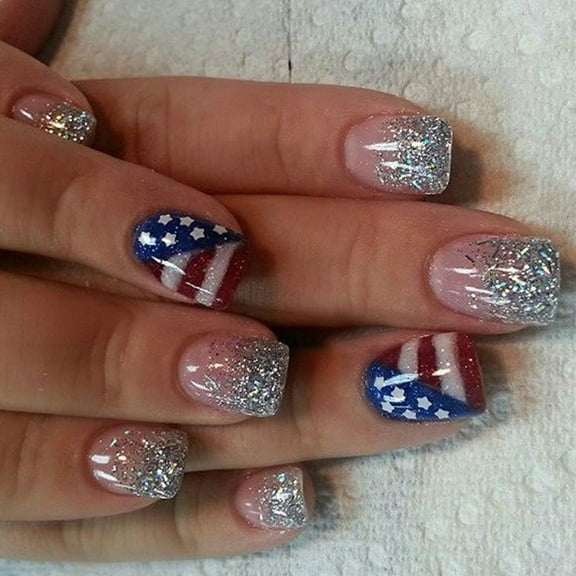 Independence Day Nails Art Square Press On Nails with Star and Stripes Designs Glitters 24Pcs False Nails Manicure
