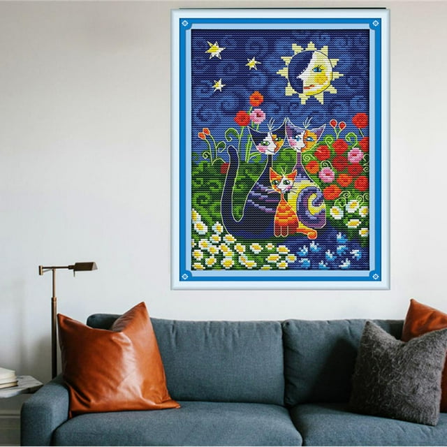 Dimensiones de Girasoles Gatos estampados para niños Bebé niñas 11ct 14ct 19 x 28cm 14CT Hugo Kits de punto de cruz de gatos de flores