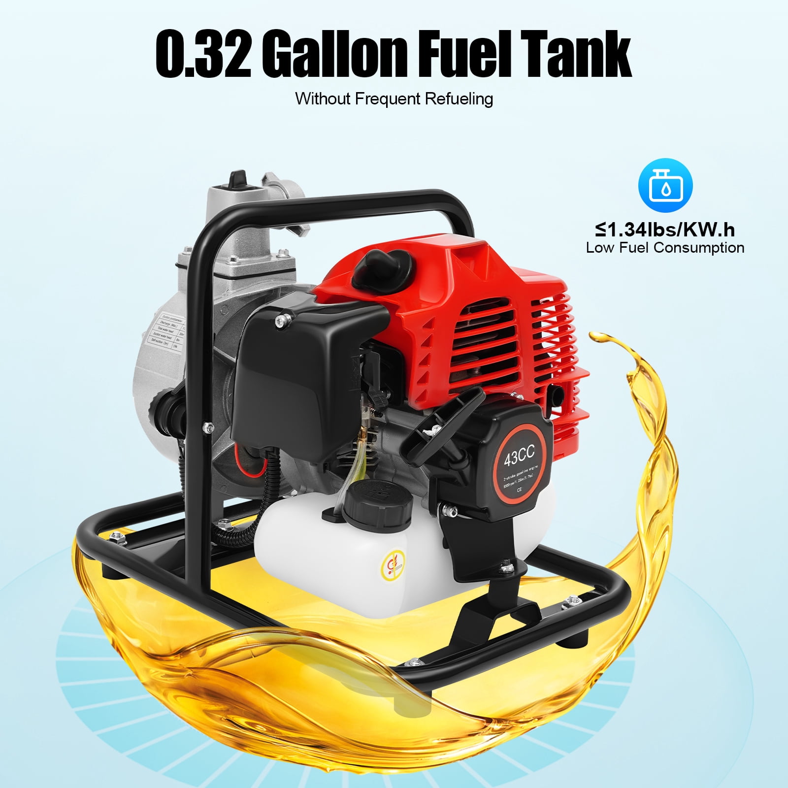 1 Inch Gas Powered Water Transfer Pump,43cc 2-Stroke 1.7HP Gasoline Semi-Trash Water Pump 8500RPM Air cooled High Pressure Irrigation Transfer Pump with Complete Kits for Irrigation