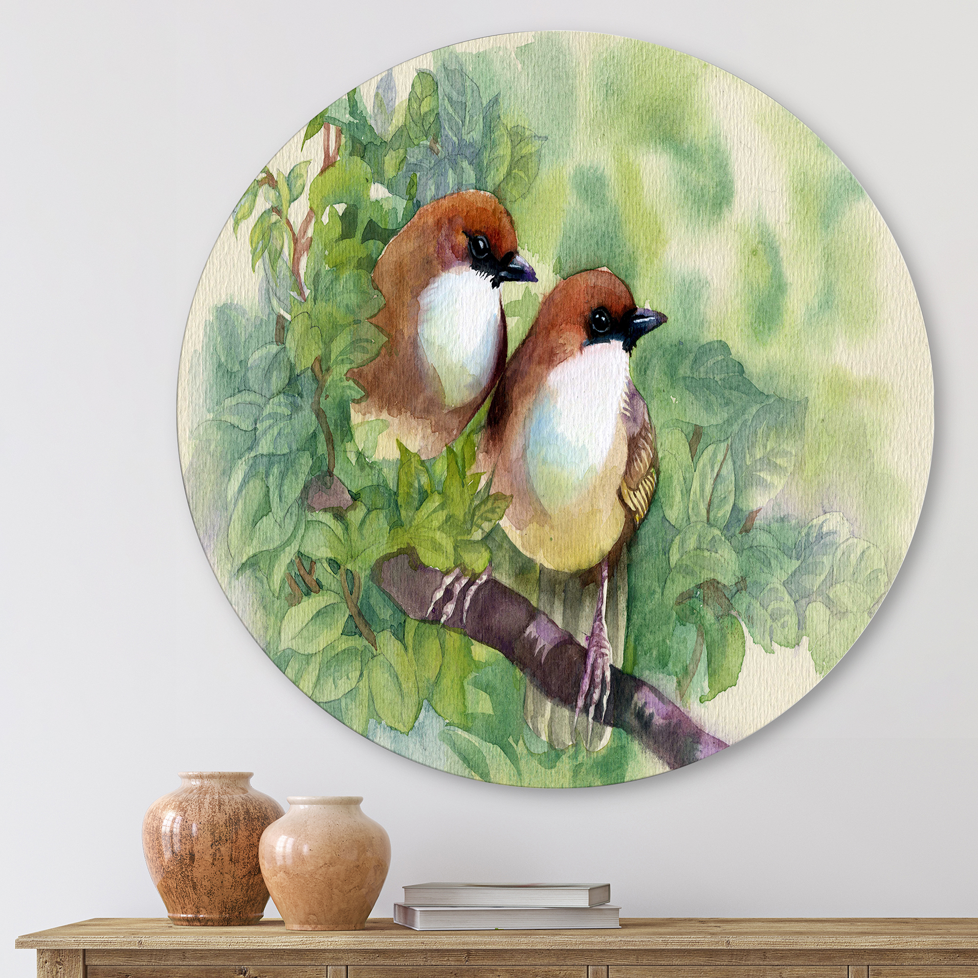 Designart 'Birds Of Spring Sitting On Branch' Traditional Circle Metal Wall Art 23x23 - Disc of 23