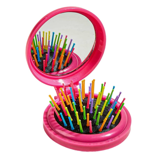 Peine con espejo con espejo de maquillaje para mujeres y niñas, cepillo de pelo plegable de bolsillo. Rosa