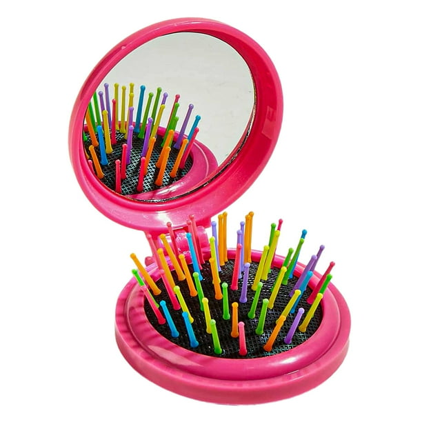 Peine con espejo con espejo de maquillaje para mujeres y niñas, cepillo de pelo plegable de bolsillo. Rosa