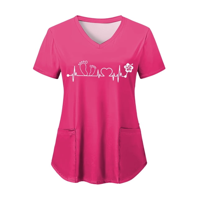 NIEWTR V Neck Pattern Print Scrub Tops Women Comfortable Durable Medical Uniform Blouses with 2-Pockets(Pink,3XL)