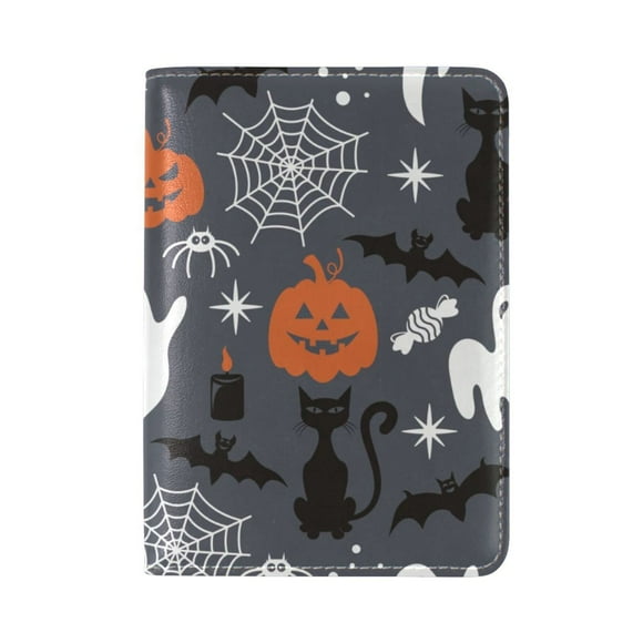 Personalized Spider Web Ghost Bat Black Cat Pumpkin Print Leather ID Holder Travel Passport Cover 5.5 In