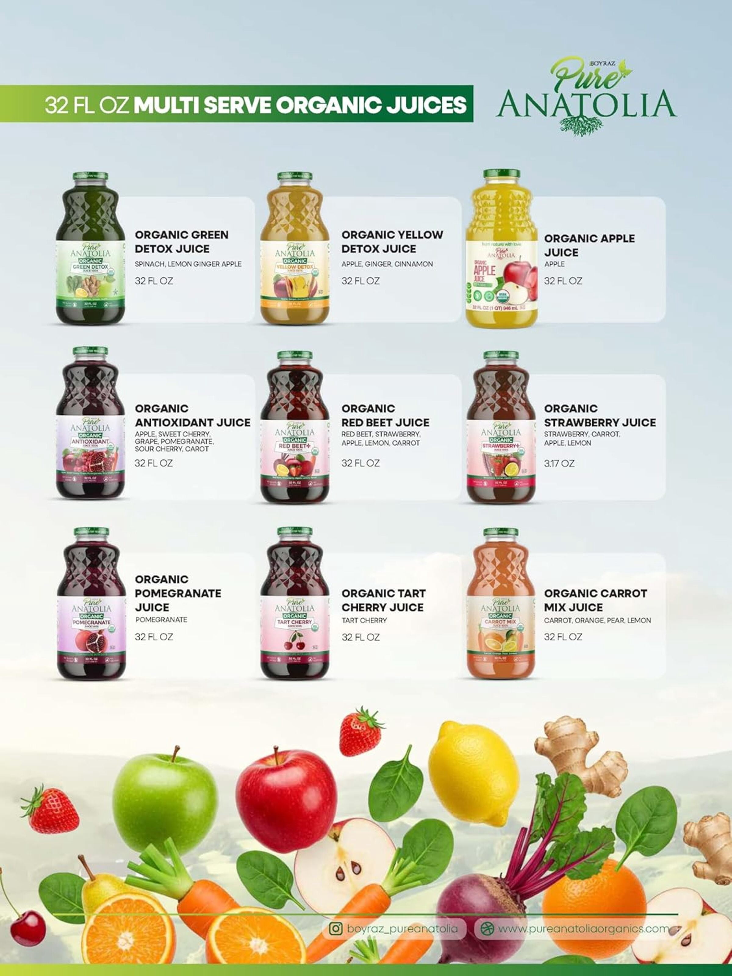 Pure Anatolia Organic Green Detox Juice Spinach, Apple, Ginger, Lemon , 32 Fl Oz Glass Bottle