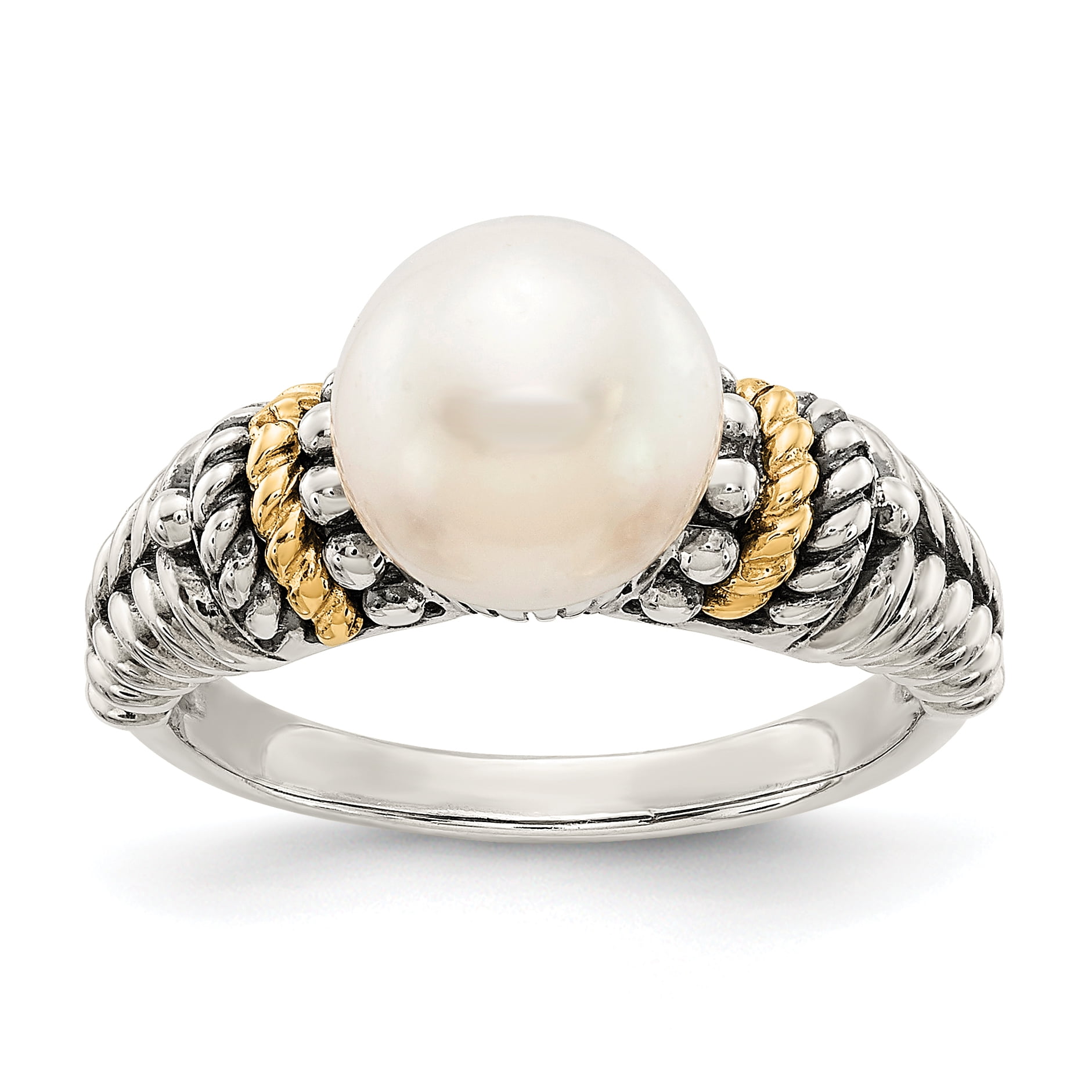 14K White Gold Pearl Ring Band Solid Antiqued 14K Gold Yellow 4 mm 12mm FW Cultured Pearl Ring